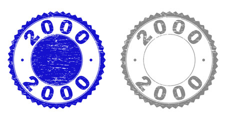 2000 stamp seals with grunge texture in blue and grey colors isolated on white background. Vector rubber imitation of 2000 caption inside round rosette. Stamp seals with grunge styles.