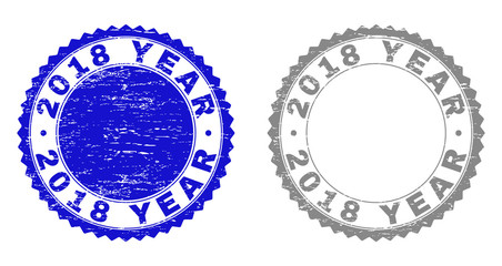 2018 YEAR stamp seals with grunge texture in blue and gray colors isolated on white background. Vector rubber imitation of 2018 YEAR label inside round rosette. Stamp seals with dust styles.