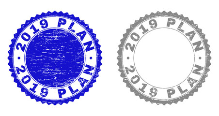 2019 PLAN stamp seals with grunge texture in blue and grey colors isolated on white background. Vector rubber imitation of 2019 PLAN caption inside round rosette. Stamp seals with grunge textures.