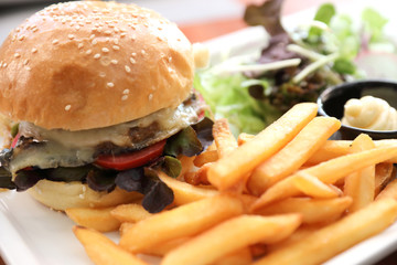 Beef Hamburger  with fries and salad on wooden background