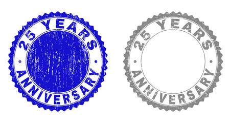 25 YEARS ANNIVERSARY stamp seals with grunge texture in blue and grey colors isolated on white background. Vector rubber watermark of 25 YEARS ANNIVERSARY caption inside round rosette.