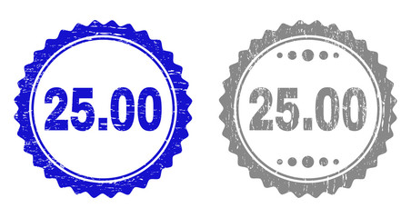 25.00 watermarks with grunge texture in blue and grey colors isolated on white background. Vector rubber overlay of 25.00 text inside round rosette. Stamp seals with dust textures.