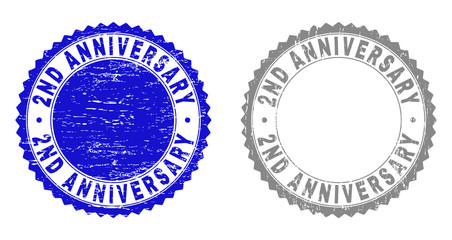 2ND ANNIVERSARY stamp seals with distress texture in blue and grey colors isolated on white background. Vector rubber imprint of 2ND ANNIVERSARY title inside round rosette.
