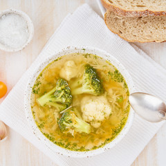 Broccoli  soup, healthy spring vegetable dietary vegetarian dish, top view, close up, top view