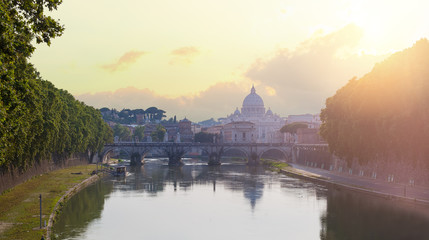 Obraz premium Rome Bridge Vittorio Emanuele II, the Tiber River and St Peter's Cathedral. Rome landmark