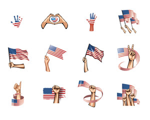 USA flag and hand on white background. Vector illustration