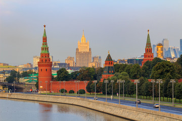 Obraz premium Kremlevskaya embankment against towers and walls of Moscow Kremlin. Moscow historical center landscape