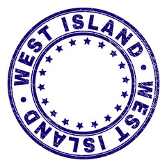 WEST ISLAND stamp seal watermark with grunge texture. Designed with round shapes and stars. Blue vector rubber print of WEST ISLAND label with scratched texture.