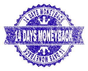 14 DAYS MONEYBACK rosette seal watermark with grunge style. Designed with round rosette, ribbon and small crowns. Blue vector rubber watermark of 14 DAYS MONEYBACK text with grunge texture.