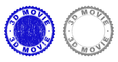 3D MOVIE stamp seals with distress texture in blue and gray colors isolated on white background. Vector rubber watermark of 3D MOVIE caption inside round rosette. Stamp seals with corroded styles.