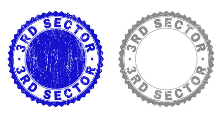 3RD SECTOR stamp seals with distress texture in blue and gray colors isolated on white background. Vector rubber imitation of 3RD SECTOR caption inside round rosette. Stamp seals with retro textures.