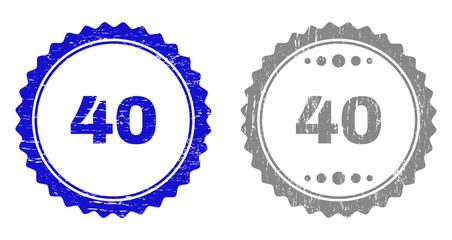 40 stamp seals with grunge texture in blue and grey colors isolated on white background. Vector rubber overlay of 40 tag inside round rosette. Stamp seals with dust textures.