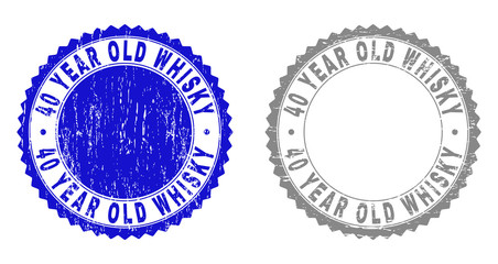 40 YEAR OLD WHISKY stamp seals with grunge texture in blue and grey colors isolated on white background. Vector rubber imprint of 40 YEAR OLD WHISKY text inside round rosette.