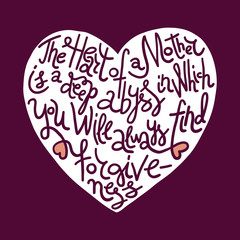 Mother's Day quote in heart shape. White on dark background