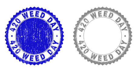 420 WEED DAY stamp seals with grunge texture in blue and grey colors isolated on white background. Vector rubber overlay of 420 WEED DAY text inside round rosette. Stamp seals with grunge styles.