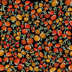 Seamless watercolor pattern with tangerines, hand-painted, fabric, textile.