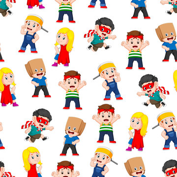 Seamless pattern with children posing like the super heroes