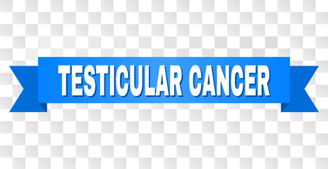 TESTICULAR CANCER text on a ribbon. Designed with white caption and blue stripe. Vector banner with TESTICULAR CANCER tag on a transparent background.