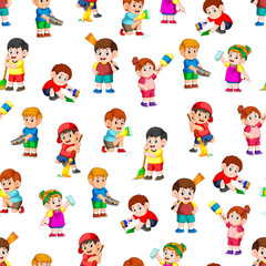 Seamless pattern with children holding the cleaning tools
