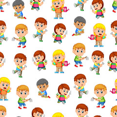 Seamless pattern with happy children holding the garden tools