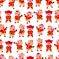Fototapeta premium Seamless pattern with little pink pigs wearing chinese costume