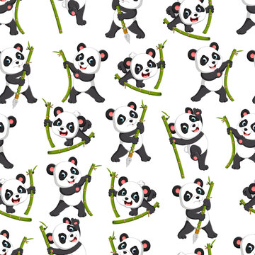 Seamless pattern with  panda playing with the green bamboo