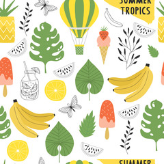 Seamless summer pattern with tropical leaves, hot air balloon, banana, ice cream and pineapple. Summertime design.