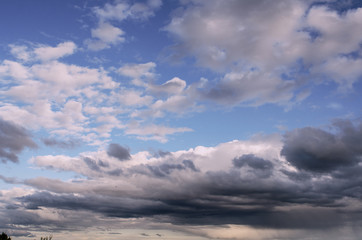 Fototapeta premium Cumulus clouds of fantastic shape soar in the sky in the sun's rays over the visible horizon line, toned.
