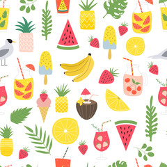 Summer seamless pattern with tropical leaves, exotic cocktails, ice cream, fruits and lemonade.