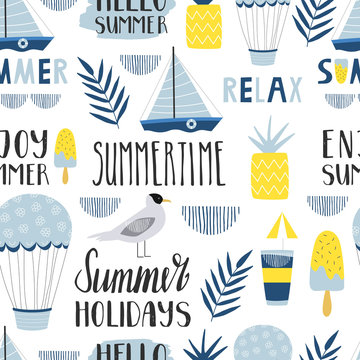 Seamless Summer Pattern With Boat, Pineapple And Gull. Summertime Lettering. Design For Camp And Adventure.