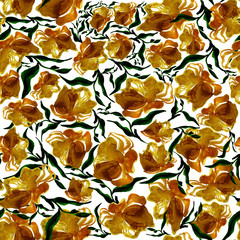 Purple Flowers and herbs seamless pattern on background. Colorful blossoms. Cartoon style. Wallpaper or fabric design