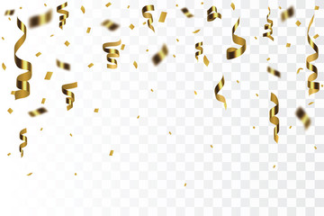Golden confetti isolated on checkered background. Festive vector illustratio