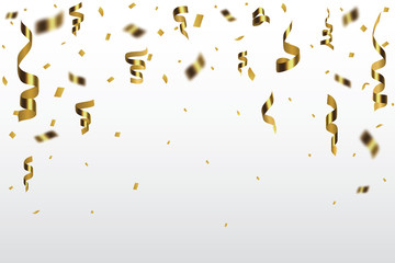 Golden confetti isolated on checkered background. Festive vector illustratio