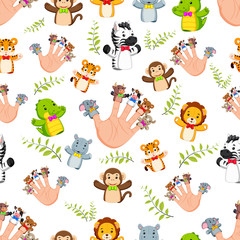 Seamless pattern with Hand wearing cute 5 finger puppets