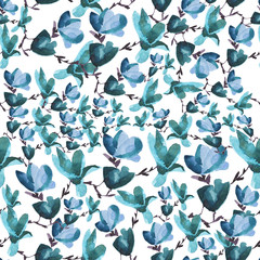 Magnolia flowers, watercolor seamless pattern, ornament, hand-painted with paints, textiles, fabric, print for clothes, retro.