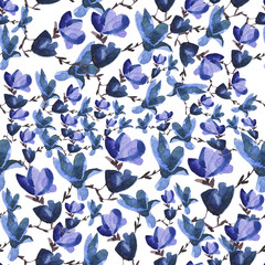 Magnolia flowers, watercolor seamless pattern, ornament, hand-painted with paints, textiles, fabric, print for clothes, retro.