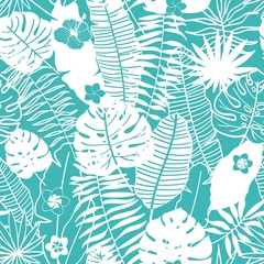 Seamless vector pattern. Background of tropical plants and flowers