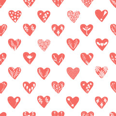 Vector seamless pattern with hand drawn hearts isolated on transparent background. Love valentines day clipart. Heart shape decorated floral elements: rose, tulip, key with wings, arrows