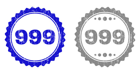 999 stamp seals with distress texture in blue and grey colors isolated on white background. Vector rubber watermark of 999 title inside round rosette. Stamp seals with dust styles.