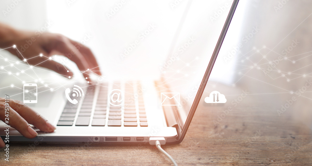 Poster Businessman using laptop on global structure networking and data exchanges connection, social media, channel and communication, business technology