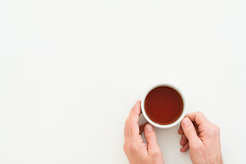 Breakfast cup of tea. Lifestyle concept. Copy space on white background.