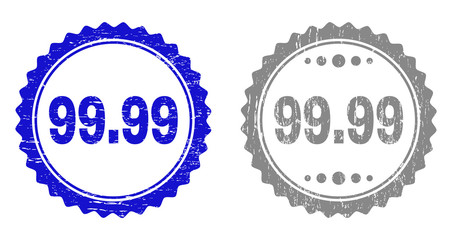 99.99 stamp seals with grunge texture in blue and gray colors isolated on white background. Vector rubber imprint of 99.99 title inside round rosette. Stamp seals with dust styles.