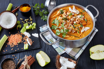 hearty Mulligatawny soup in a metal pot
