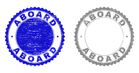 Obraz premium ABOARD stamp seals with grunge texture in blue and gray colors isolated on white background. Vector rubber imitation of ABOARD title inside round rosette. Stamp seals with grunge styles.