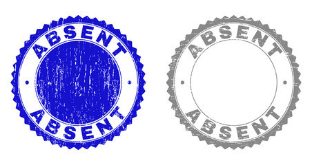 ABSENT stamp seals with grunge texture in blue and grey colors isolated on white background. Vector rubber overlay of ABSENT text inside round rosette. Stamp seals with dirty styles.