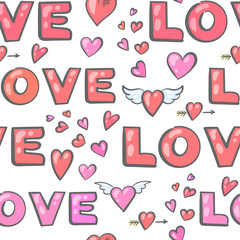 Valentine's Day seamless pattern with hearts and inscriptions
