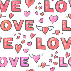 Valentine's Day seamless pattern with hearts and inscriptions