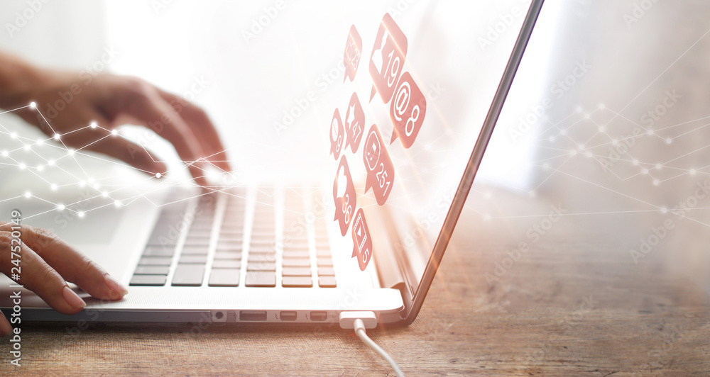 Aufkleber man using laptop on social media network connection and communication internet business marketing, s