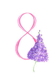 8 March Greeting Card Design. Watercolor Hand Drawn 8 with Lilac flower isolated on a white background.