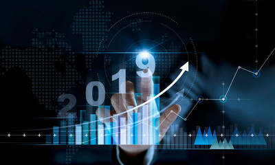 2019 New year planning business and financial concept. Businessman touching text number 2019 on growth graph chart and statistics data, business strategy, banking and investment, digital marketing 